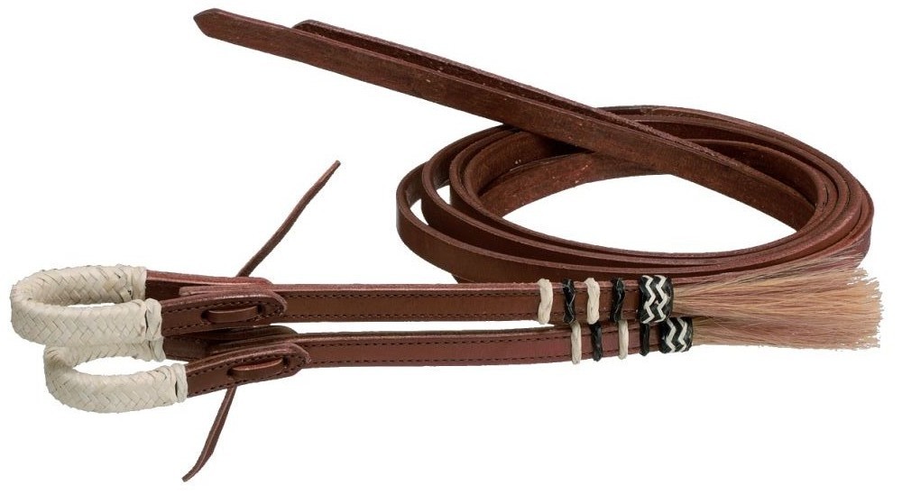 Leather Split Reins with Braided Rawhide and Horsehair Tassels