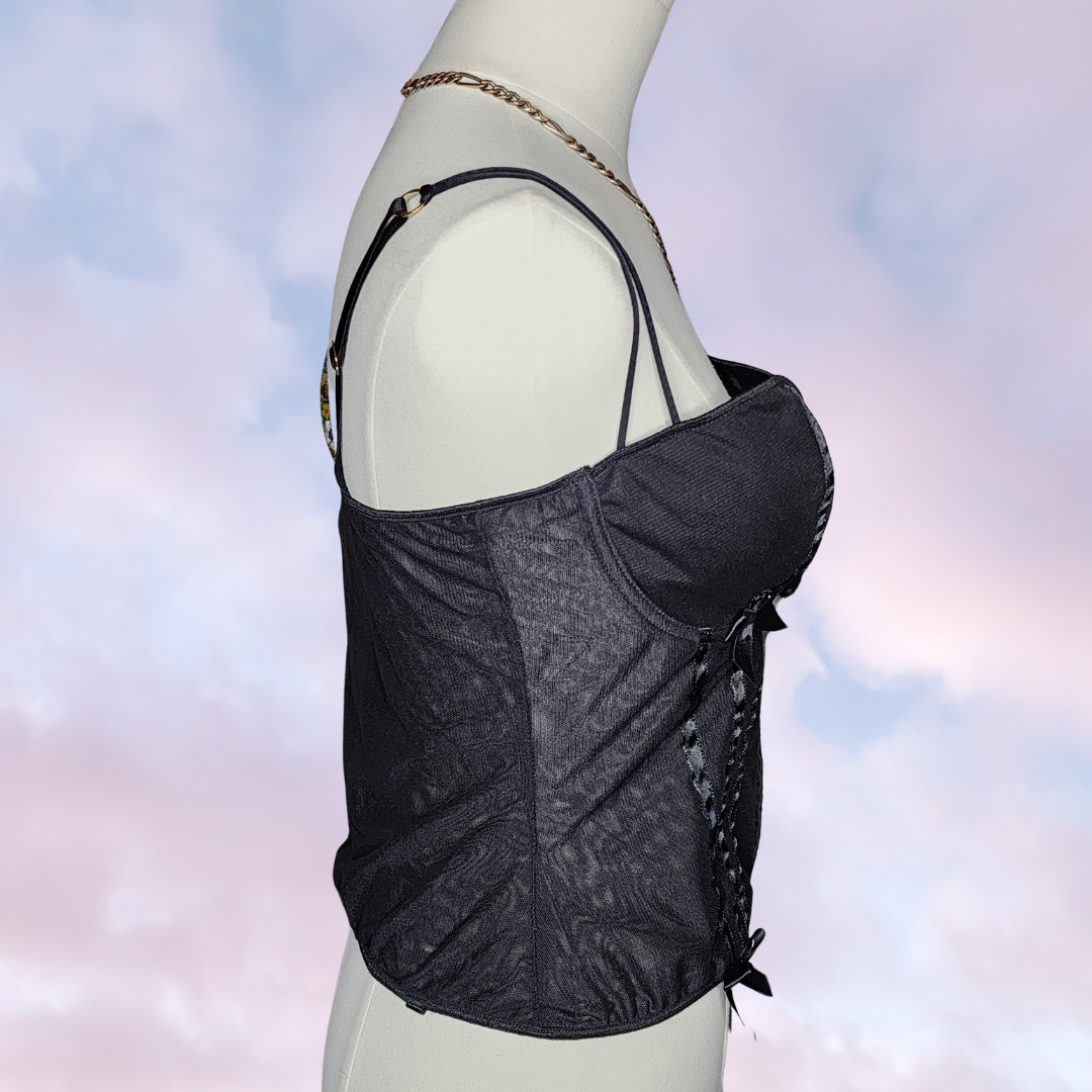 Vtg 90s Frederick's Hollywood Black Corset Bustier Lingerie Sheer Padded Top 38