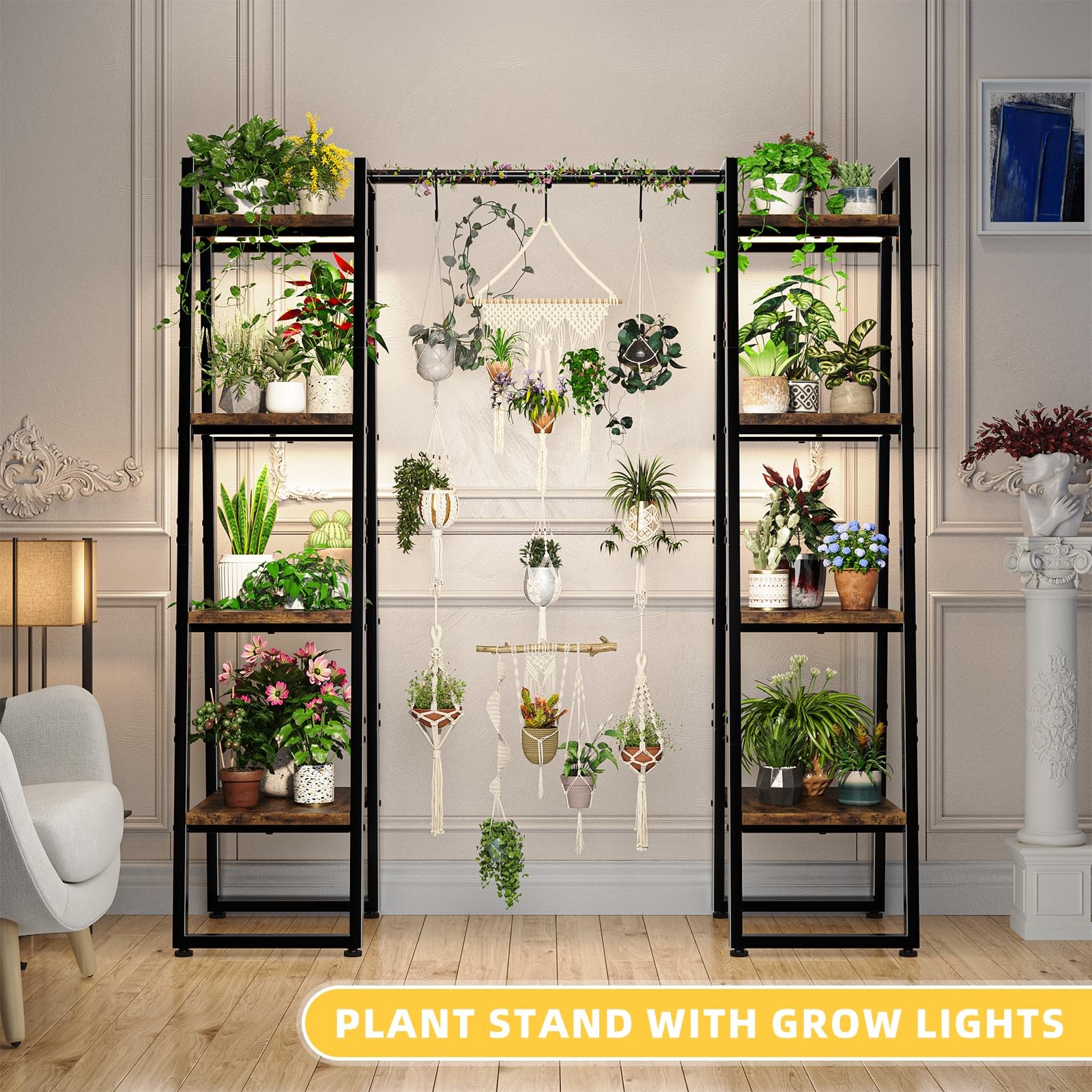Plant Stand Indoor with Grow Lights, 4 Tier Large Hanging Plant Shelf for Pla...