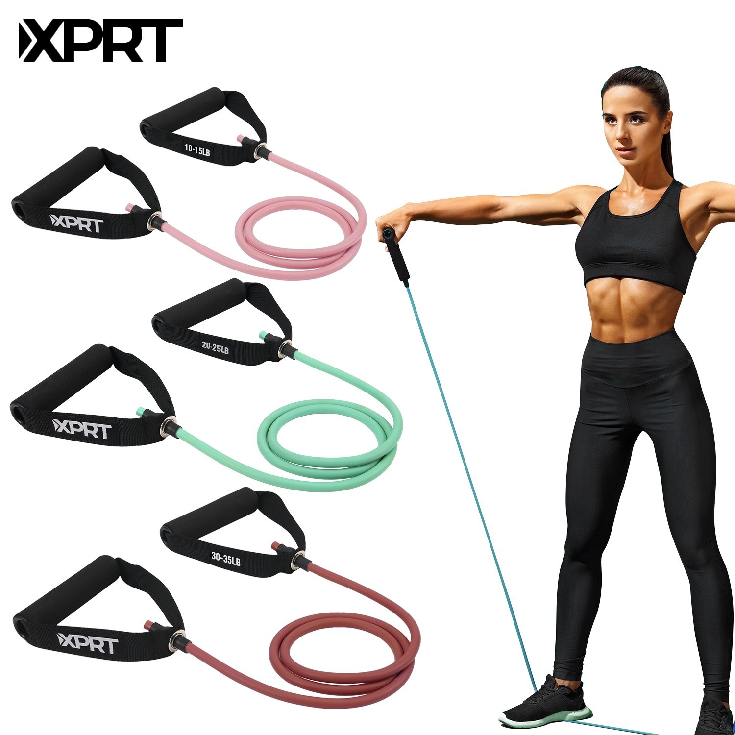 XPRT Fitness Resistance Tube Band w/ Handles & Door Anchor–Durable Natural Latex