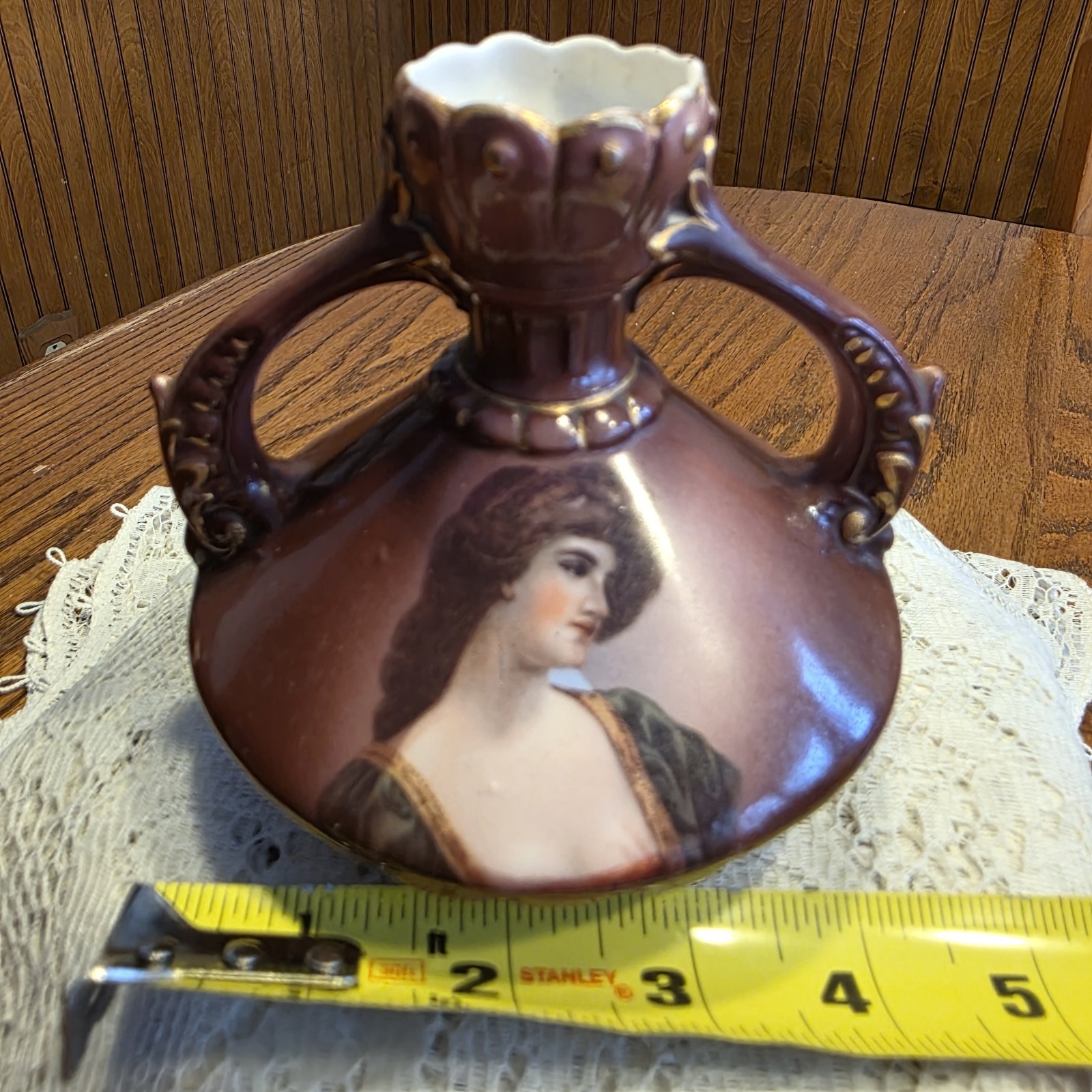 Antique Victorian Porcelain Squat Bud Vase 2 Handled Austria Portrait Vintage