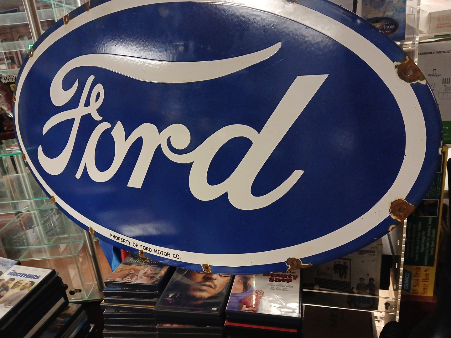 VINTAGE LARGE FORD PORCELAIN METAL SIGN 4FT CAR TRUCK AUTO DEALER SALES SERVICE