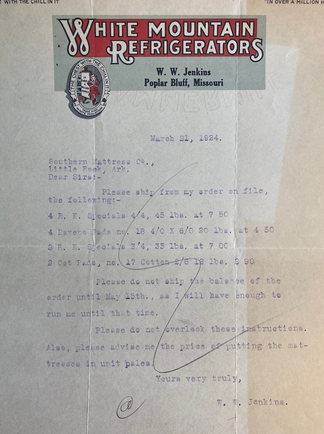 Vintage 1923 White Mountain Refrigerators Poplar Bluff Missouri Letterhead Paper