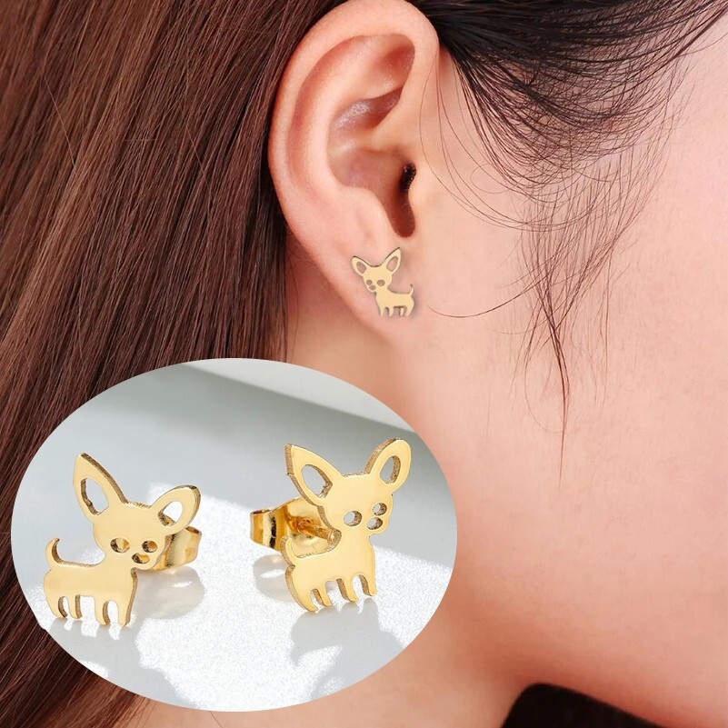 Fashion Jewelry Gold Studs Earrings Chihuahua Dog