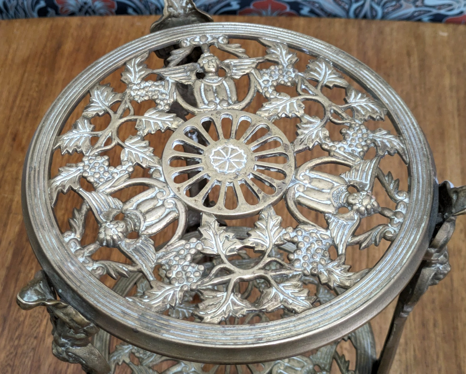 Vintage Ornate Brass Two Tier Side Table Plant Stand Pierced Cherub Angel