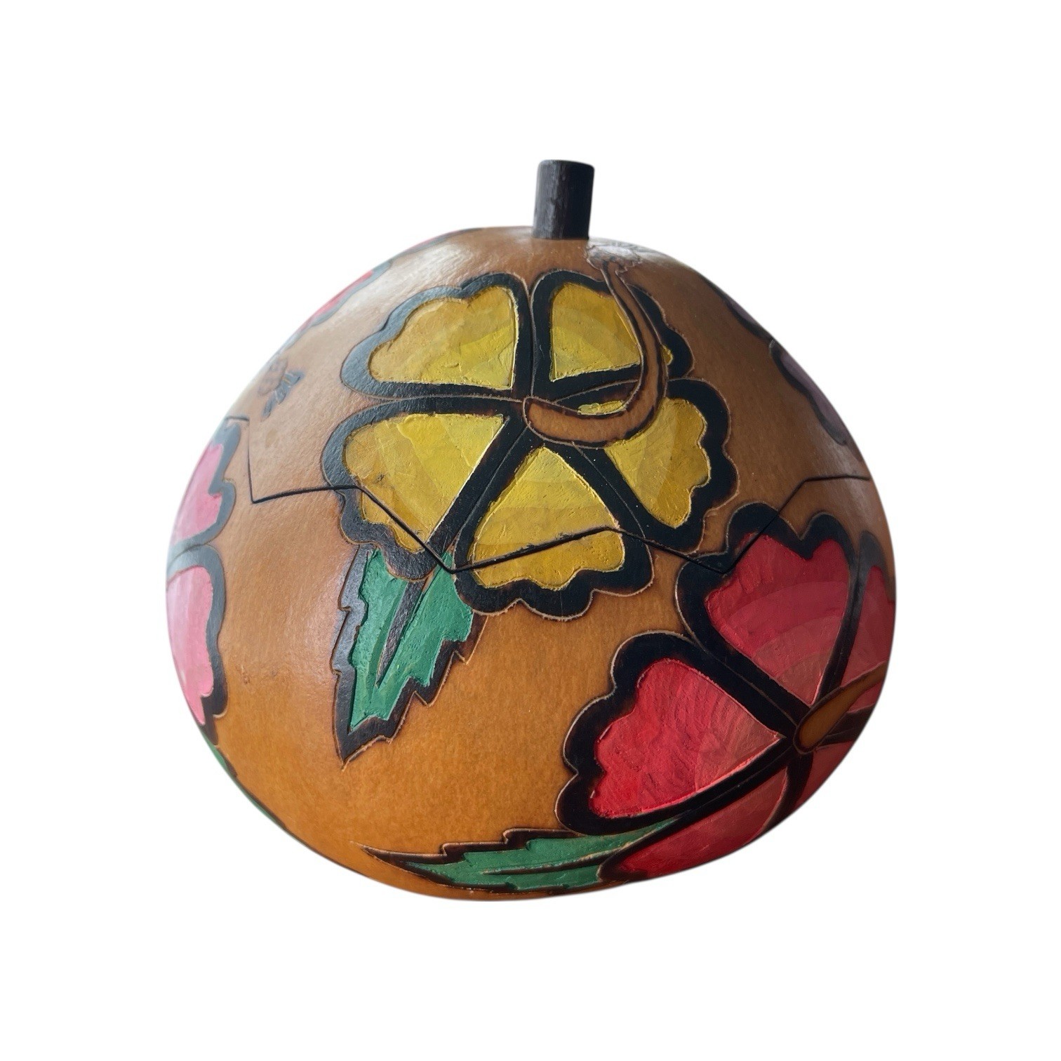 Peruvian Hibiscus Bowl Hand Carved Gourd Floral Trinket Lid Lucuma Folk Art Deco