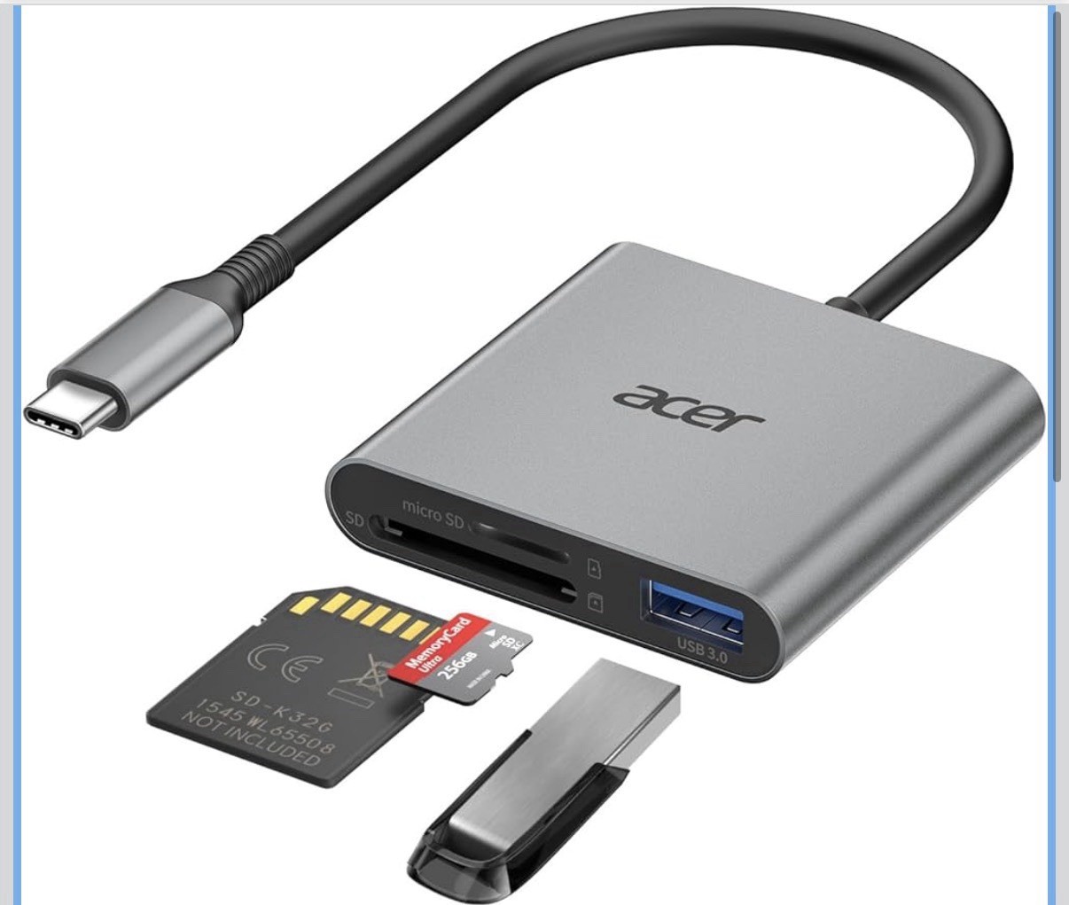 Acer SD Card Reader USB C, 3 in 1 Memory Card Reader with Dual Slots & USB 3.0,