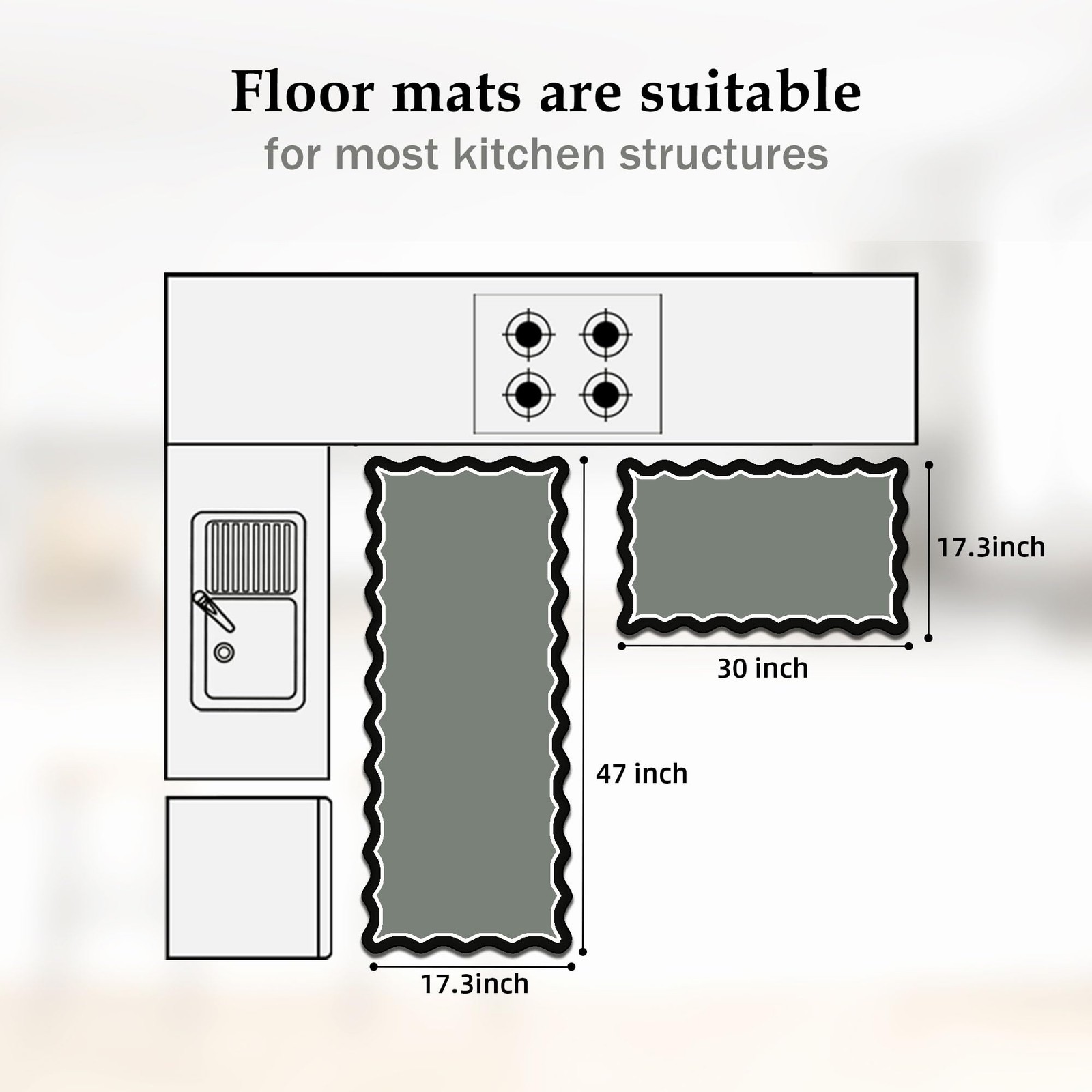 Arenarug Scalloped Black Gray 17.3"x30"+17.3"x47", Bi-tone-