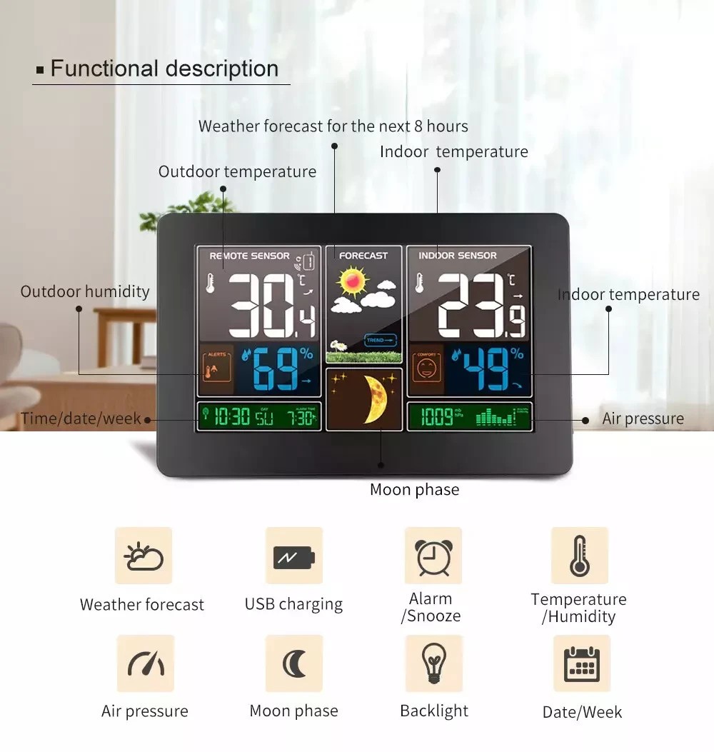Digital LCD Weather Station Clock Indoor & Outdoor Calendar Thermometer