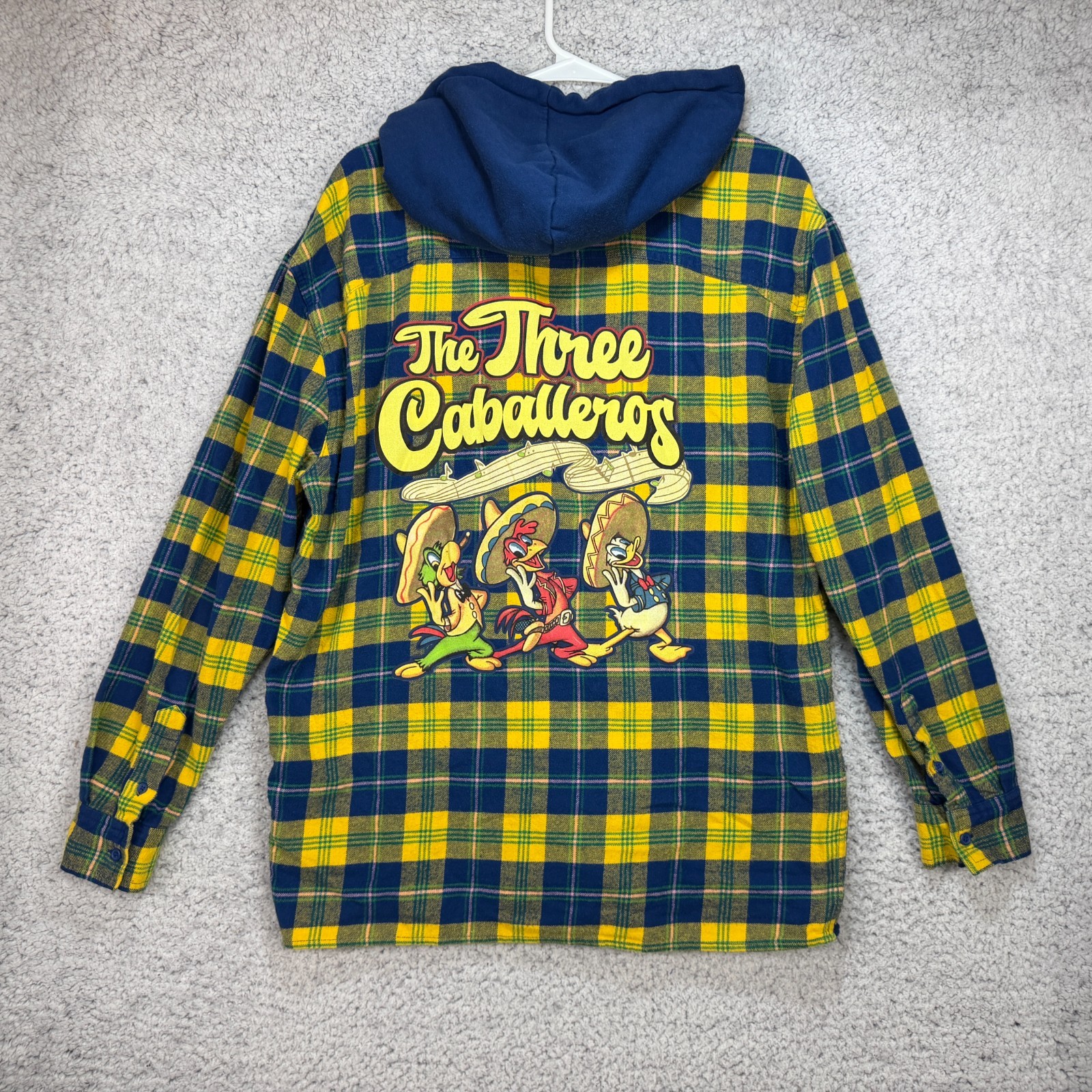 Disney Parks The Three Caballeros Full Zip Hoodie Yellow Blue Plaid Size Large