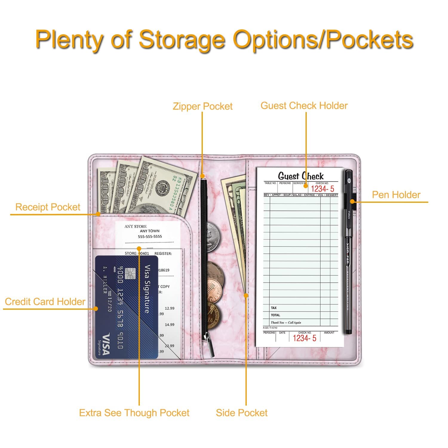 Server Book PU Leather Book Organizer Wallet Zipper Pocket for Waitress Waiters