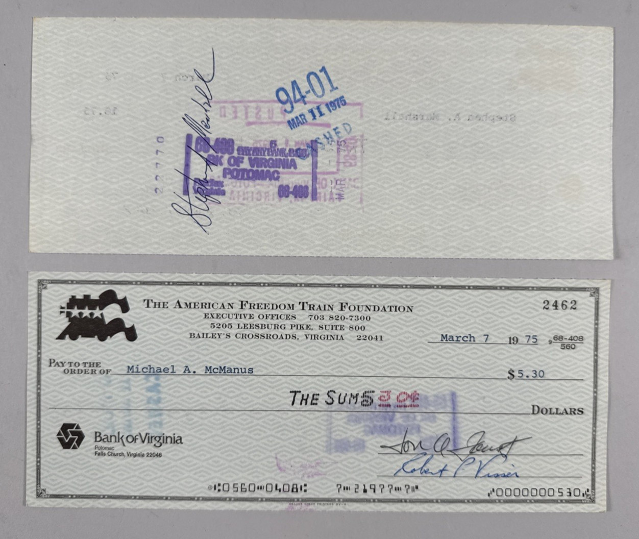 Lot of 650 Bank of Virginia American Freedom Train Foundation Checks 1975