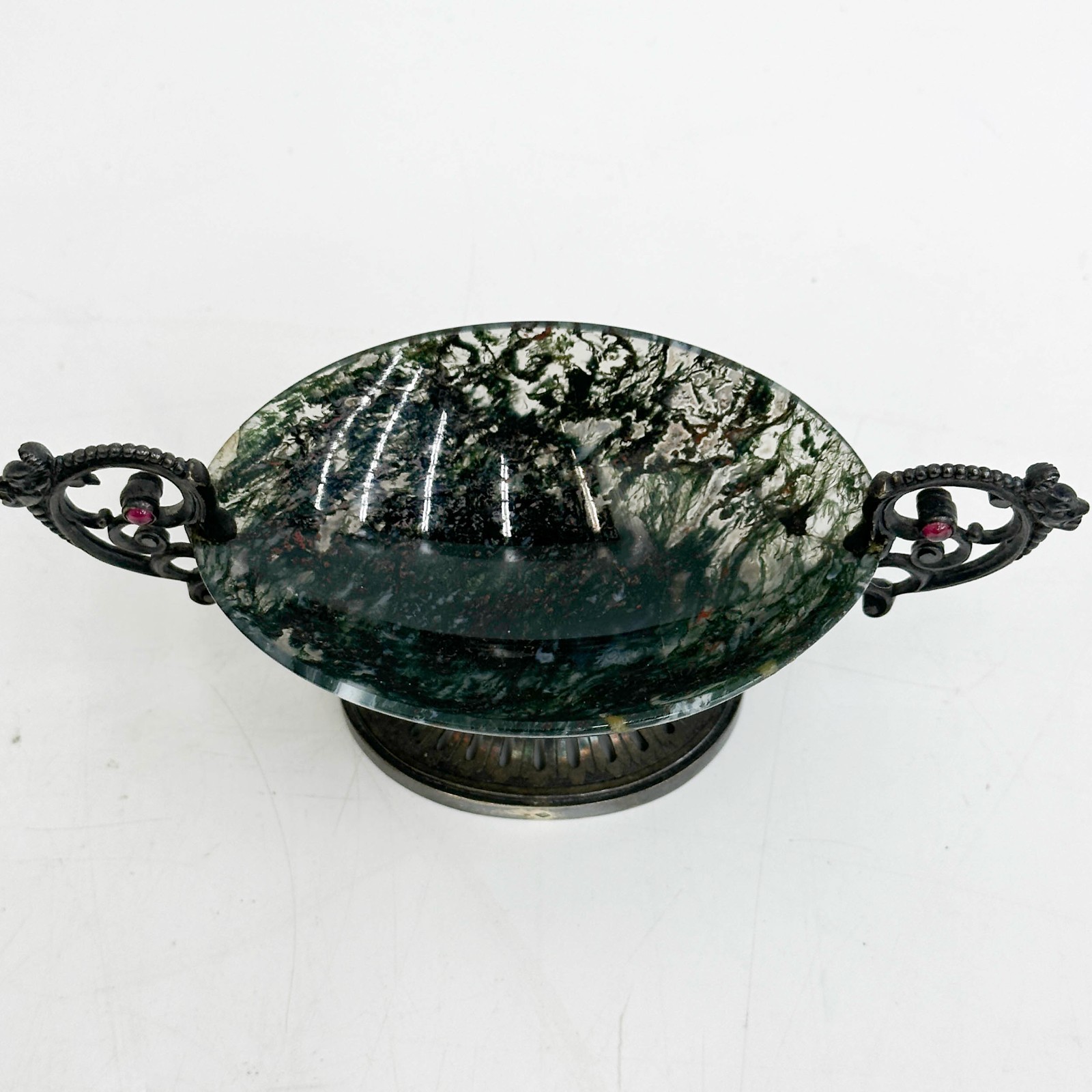 French Sterling Silver Carved Moss Agate Double Handled Master Salt