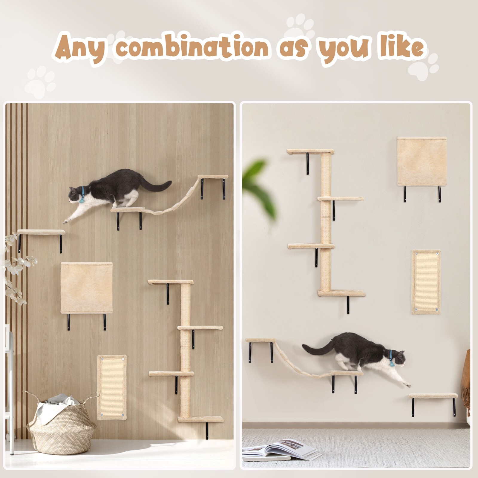 COZIWOW 5 Pcs Wall-Mounted Cat Climber Set Wood Indoor Cat Furniture Cat Shelves
