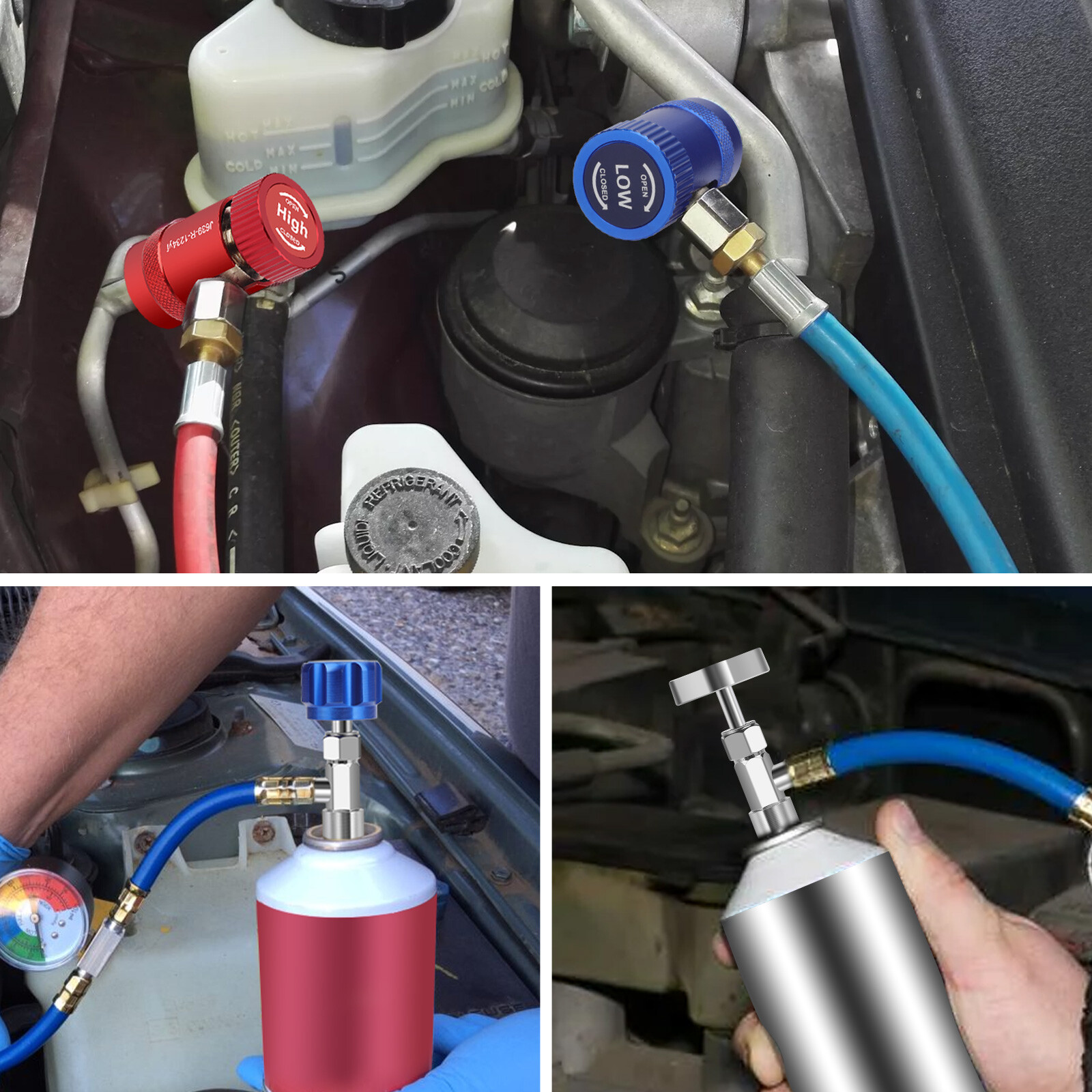 Car A/C R1234YF Quick Coupler Adapter Set with Self-Sealing & Puncture Can Tap