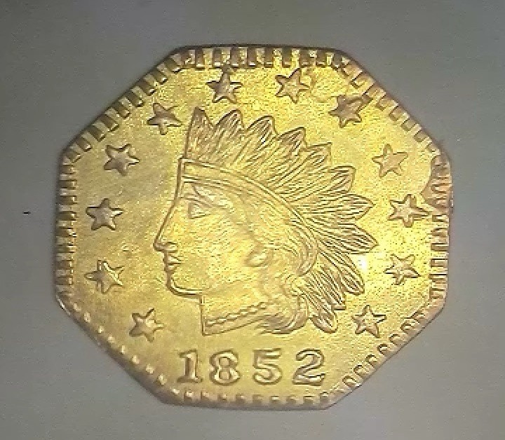 Mint State 1852 California Gold Octagonal Token w/ Rev Residue, Indian Wreath 4b