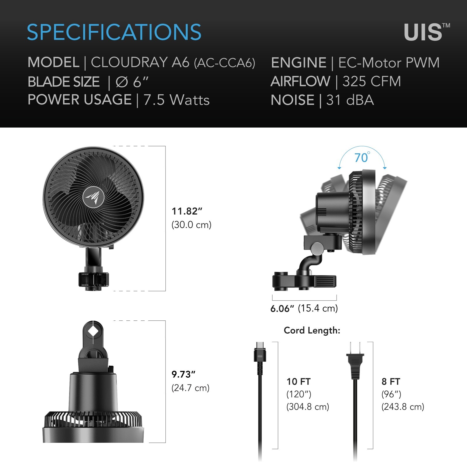 CLOUDRAY A6, Gen 2 Grow Tent Clip Fan 6”, Weatherproof IP-44, Manual Swivel