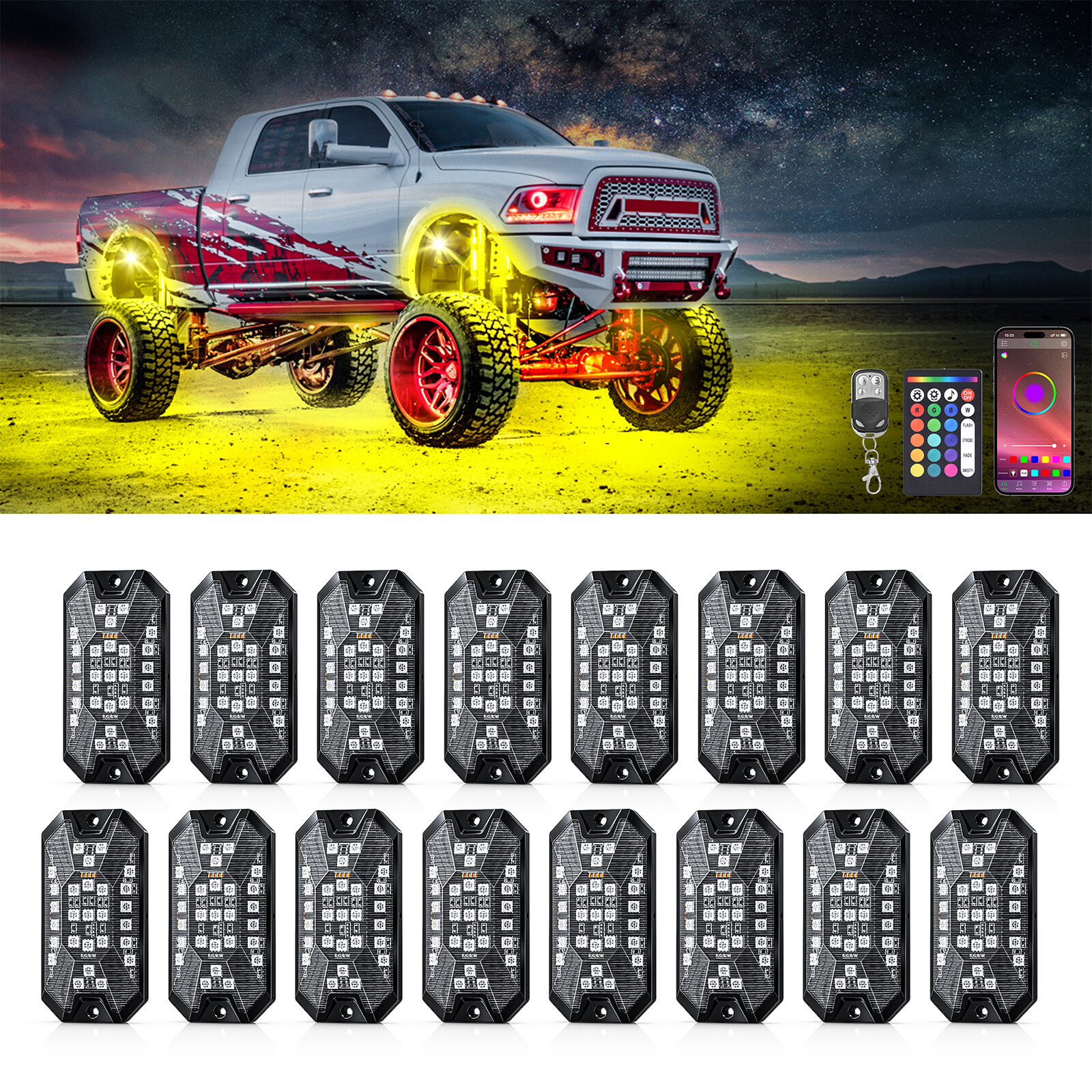 16-Pods RGBW LED Underglow Rock Lights for Trucks Cars, App & Remote Controller