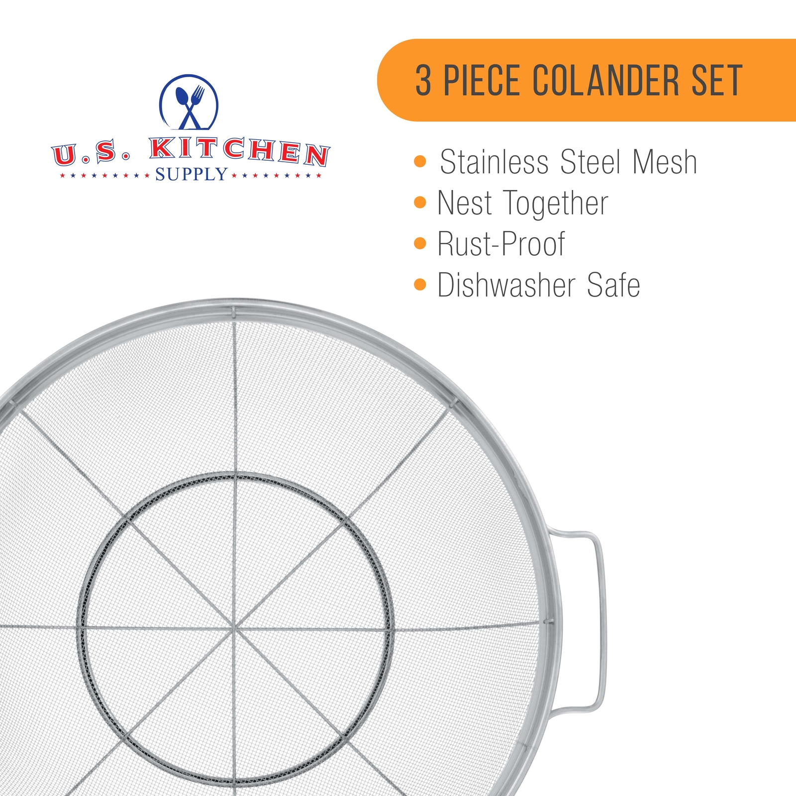 U.S. Kitchen 3pc Colander Set, Stainless Steel Mesh Strainer Net Baskets 3 4 5qt