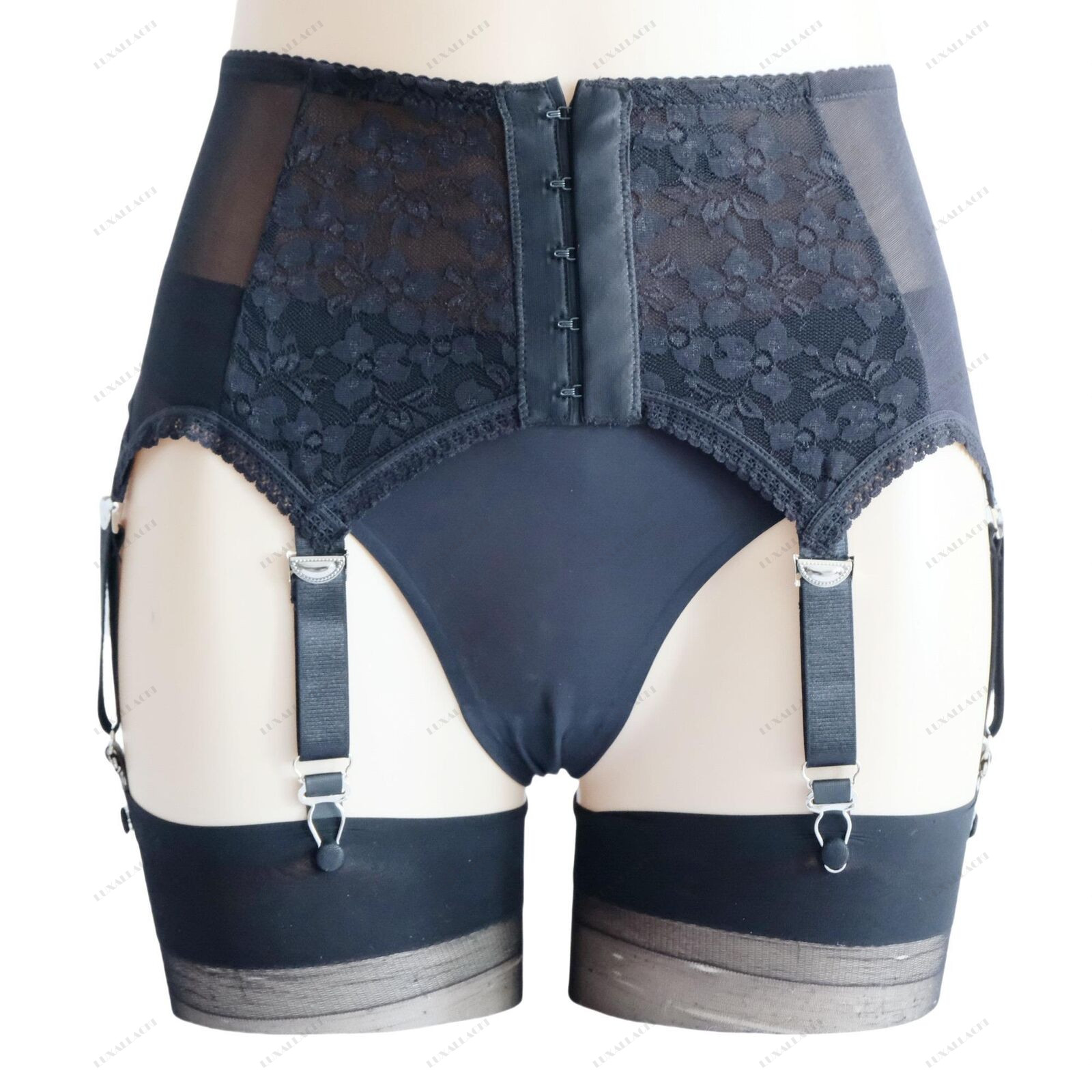 Luxallacki Mesh Lace Patchwork Garter Belt 6 Straps Suspender Metal Clips Girdle