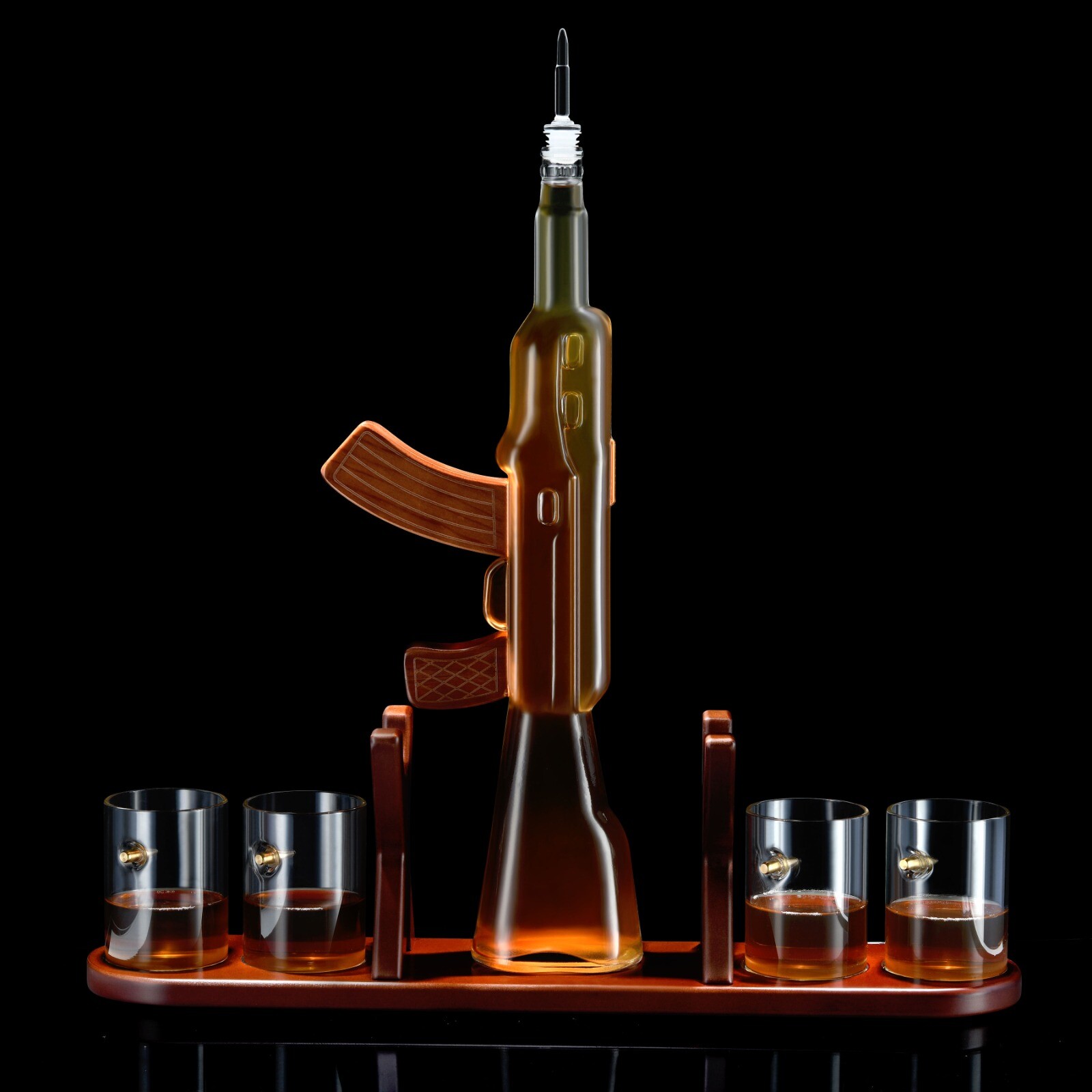 Large Gun Whiskey Decanter By The Diamond Glassware, With 4 Bullet Glasses