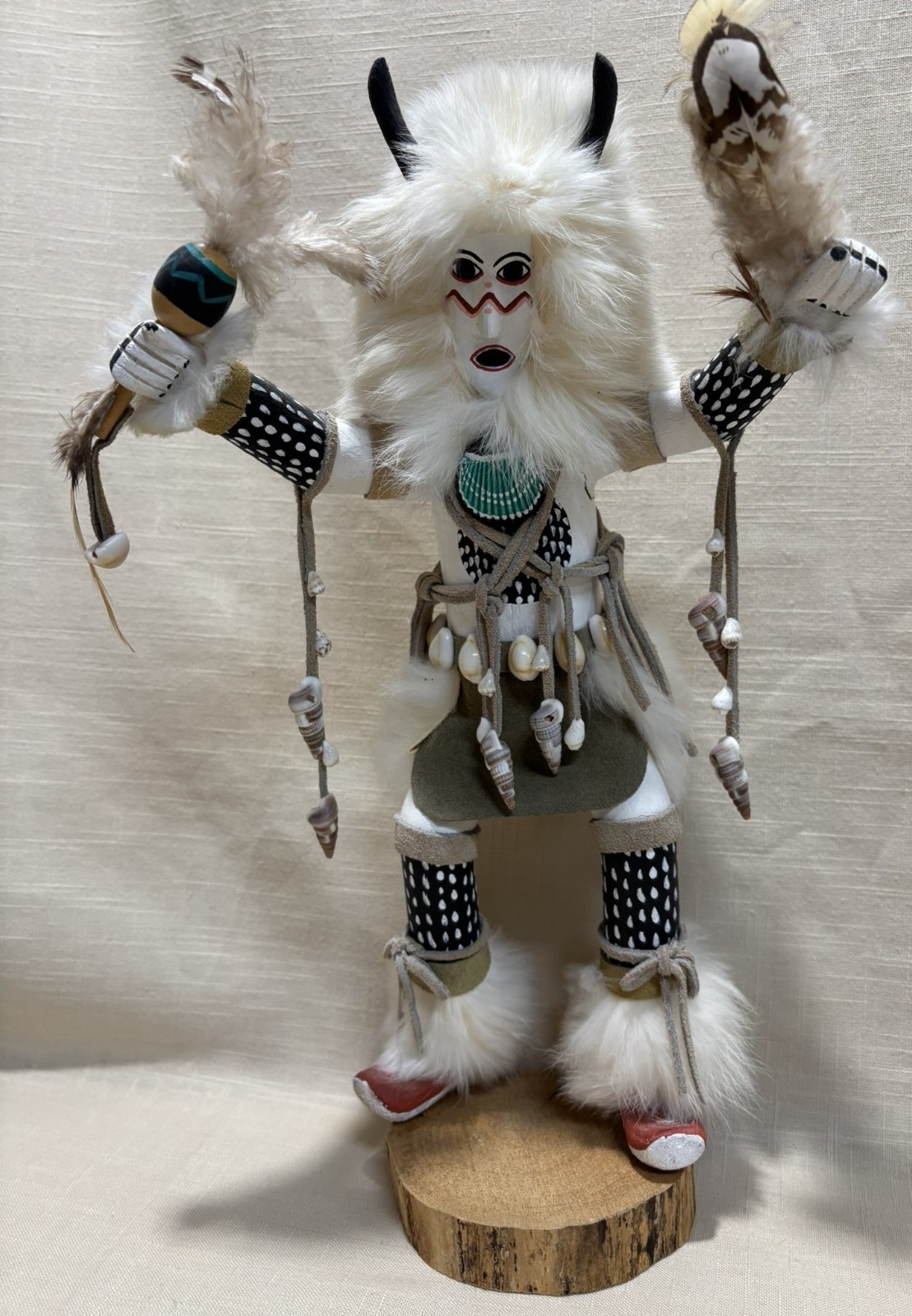 Kachina Sculptures Buffalo & Eagle Dancer 11-14" Handmade Feathers & Fur Signed