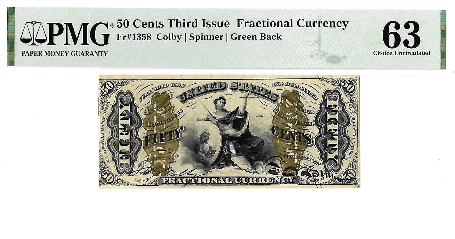 50 Cents Third Issue Fractional Currency Fr. 1358 PMG Choice UNC 63