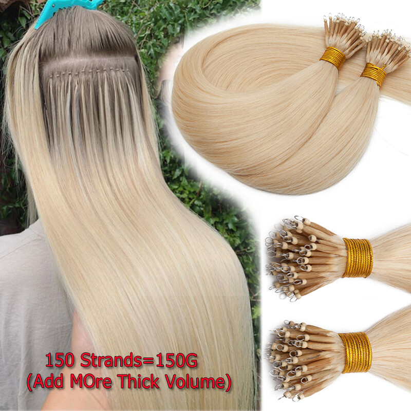 300PCS THICK 100% Remy Human Hair Extensions Nano Ring Tip Micro Loop Beads 150G