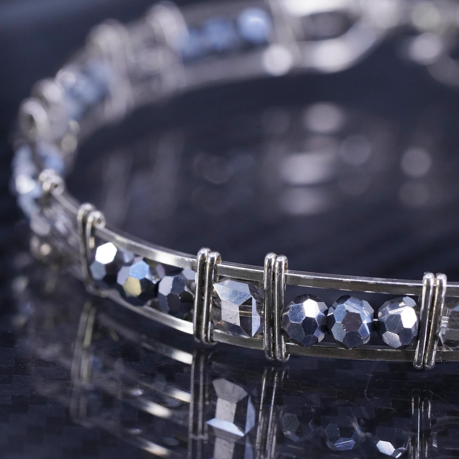 7.5”, Mexican sterling silver wired 925 hinged bangle, bracelet cluster crystal