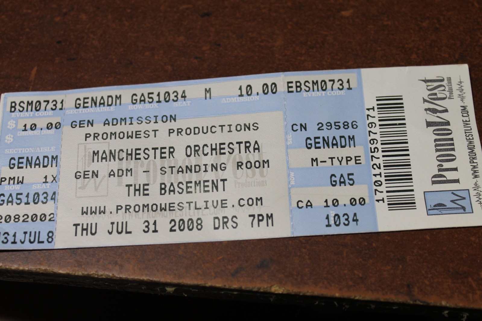 PROMOWEST THE BASEMENT MANCHESTER ORCHESTRA JULY 31 2008 TICKET