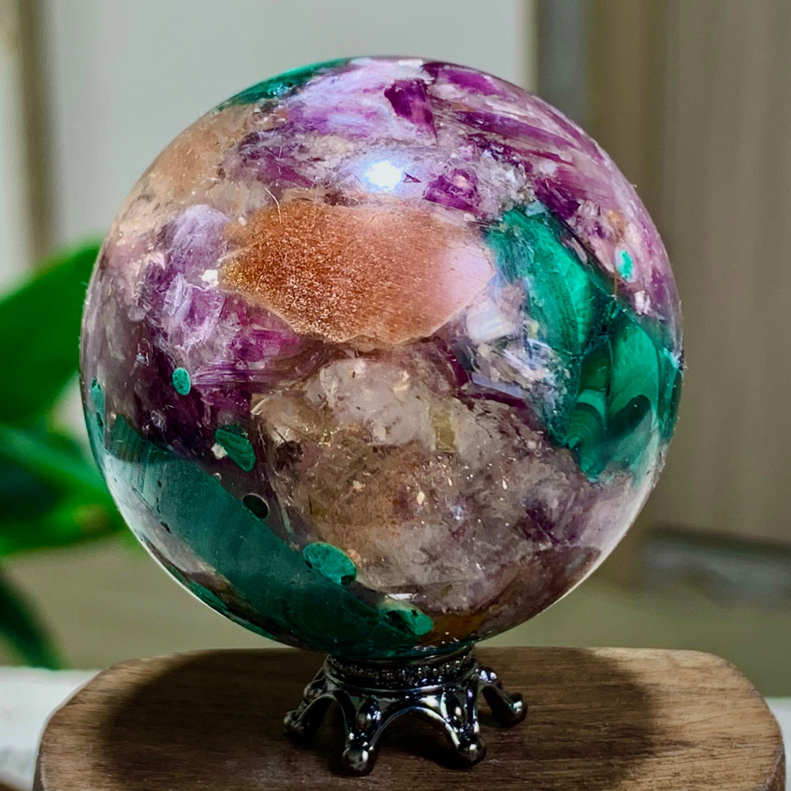 117G Newly discovered rare malachite purple mica symbiotic sphere restoration