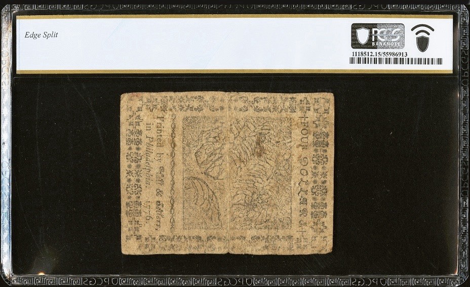 1776 American Revolution $4 Continental Currency, Colonial Banknote CC-26, PCGS