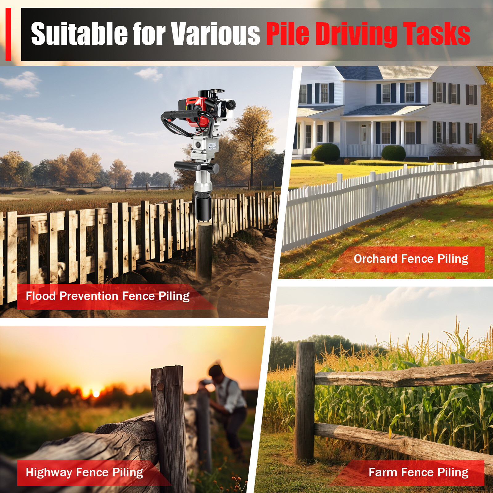 Portable 32cc Gas Powered T-Post Driver 2 Stroke Pole Pounder Pile Driver Hammer