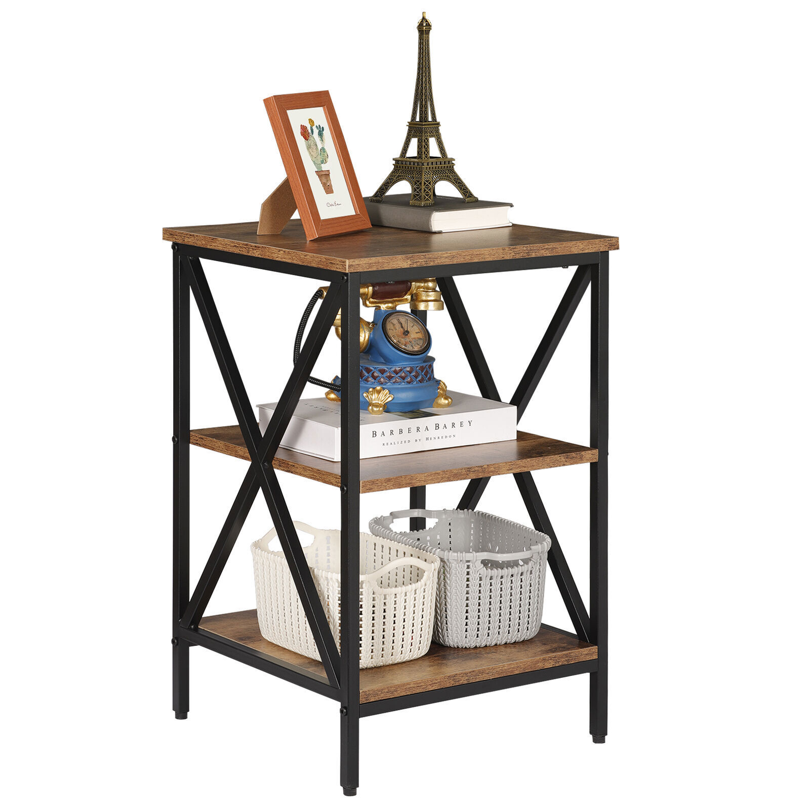 24.4" Side Table Industrial X Shape 3-Tier Small End Table Storage Sheves Brown
