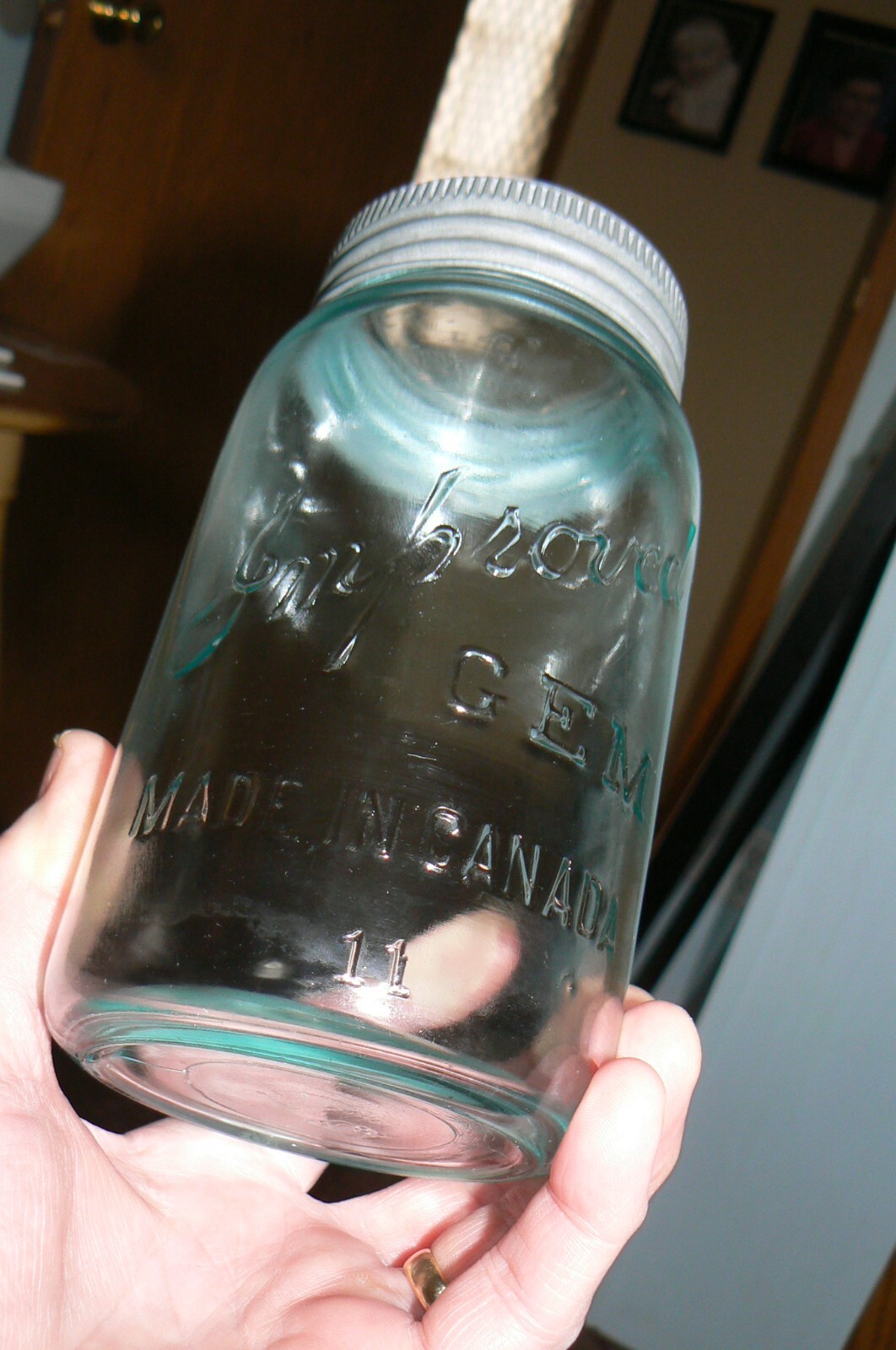 RARE 1920s Qt. Improved Gem Blue glass canning jar made by ( SDH ) from Canada,