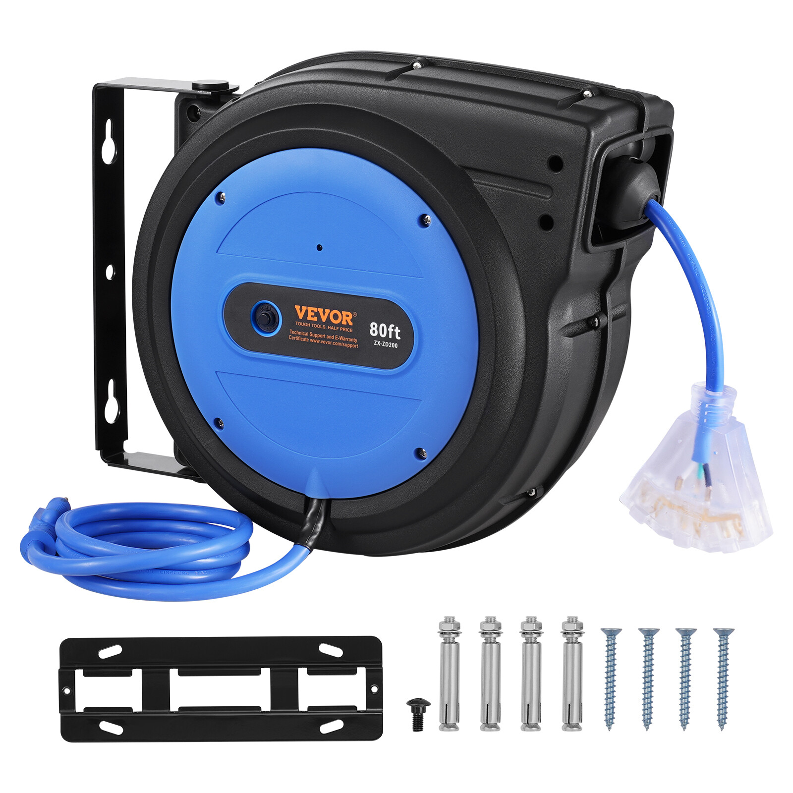 VEVOR Retractable Extension Cord Reel Power Cord Reel 80FT 12AWG/3C SJTOW