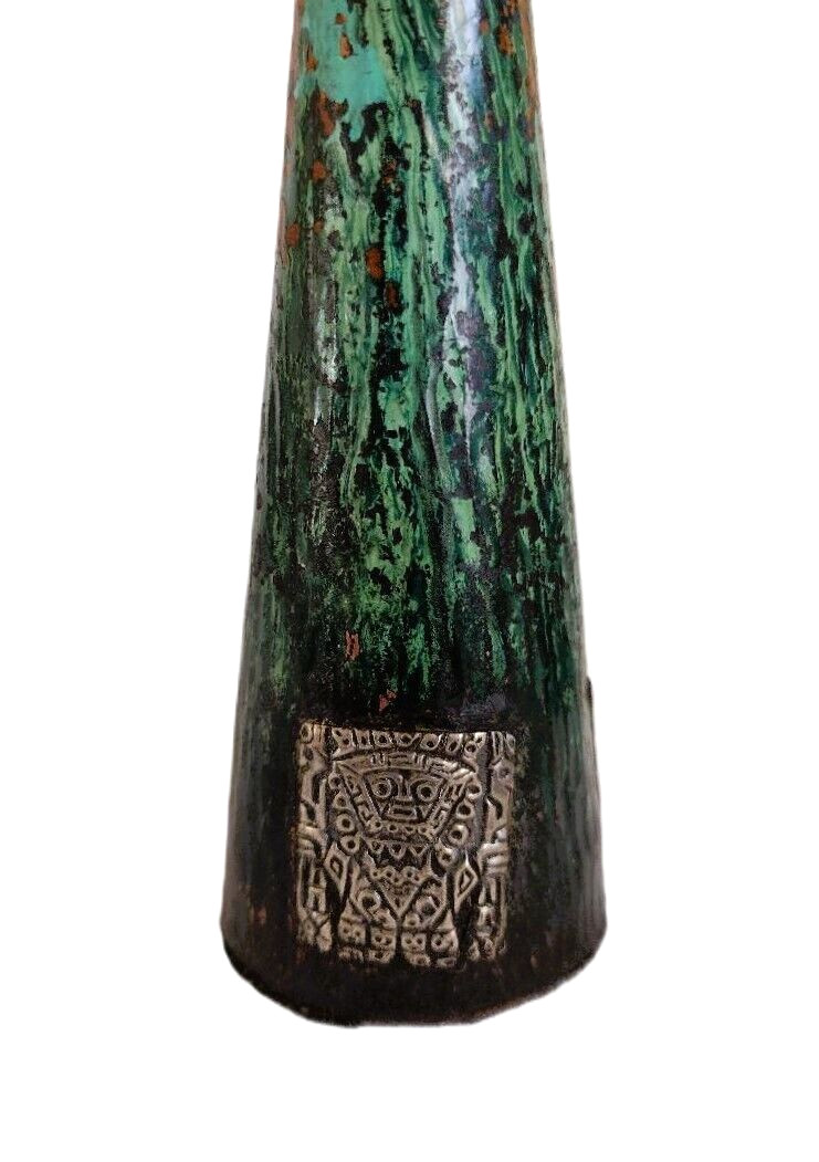 1960’s Peru Copper 7" Candle Holder Pair Inlaid Silver Incan Motif Deities Llama