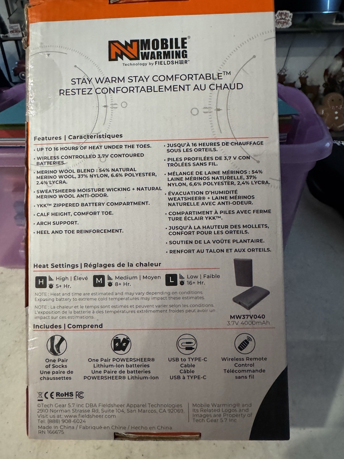 Mobile Warming Merino Wool Heated Socks Size XL with Wireless Remote Unisex