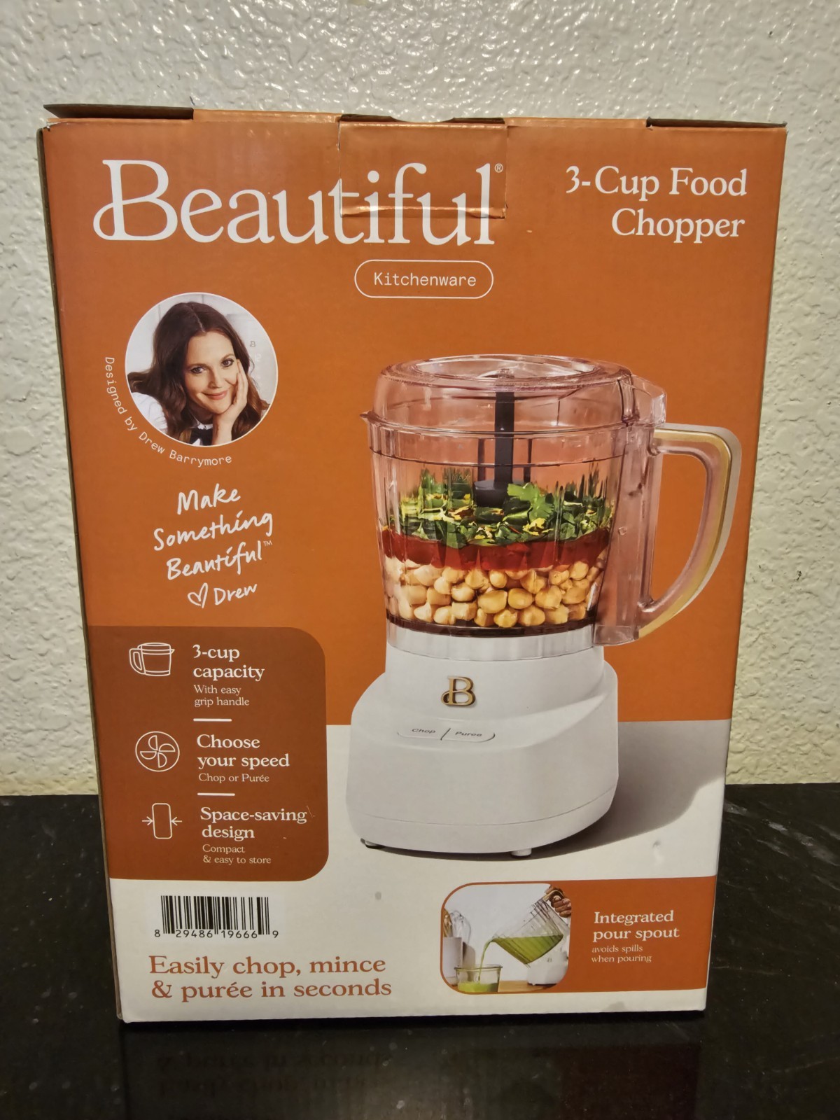 3 Cup Food Chopper Beautiful Designed by Drew Barrymore New In Box Open Box