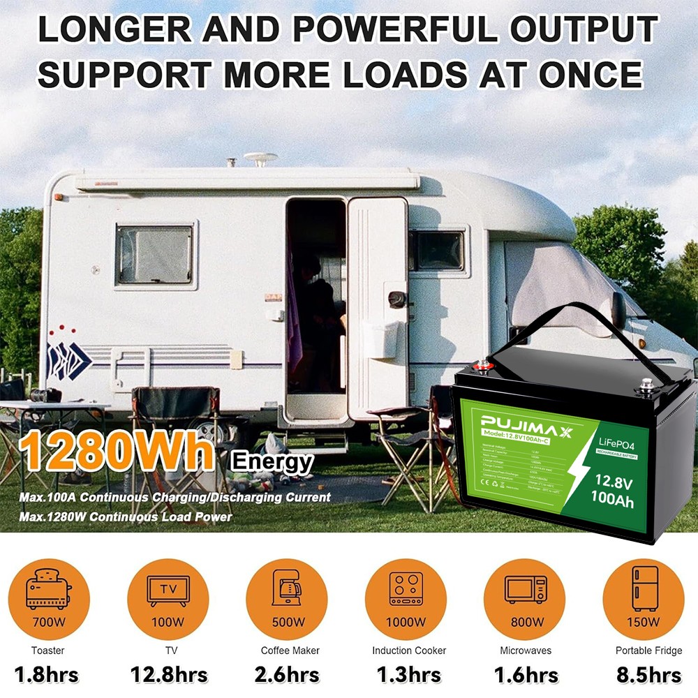 12V 100Ah LiFePO4 Lithium Battery Cycle Deep Built-in BMS for Solar RV Off-grid