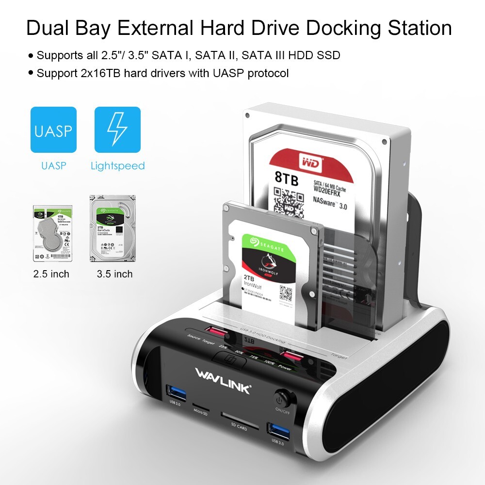 USB 3.0 to SATA 2.5" 3.5" SSD HDD Hard Drive Docking Station SD Card Reader Hub
