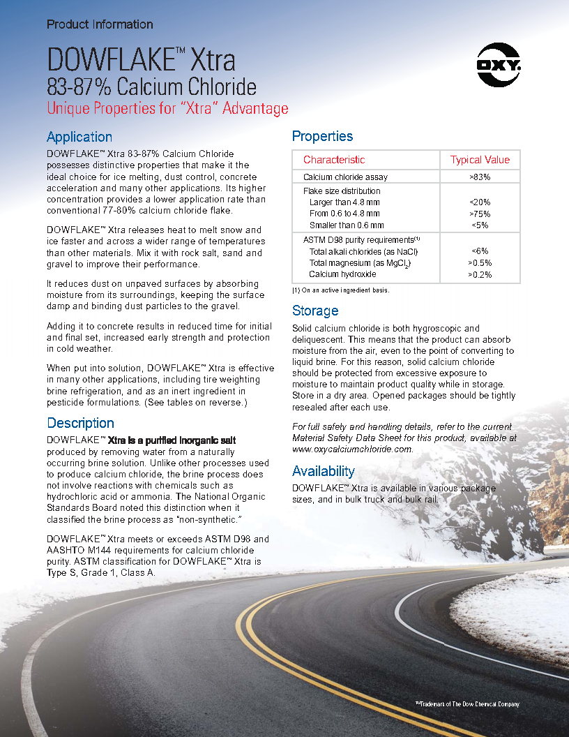 Dow flake Xtra Calcium Chloride; Concrete Accelerator, Dust Control; 50 lb bag