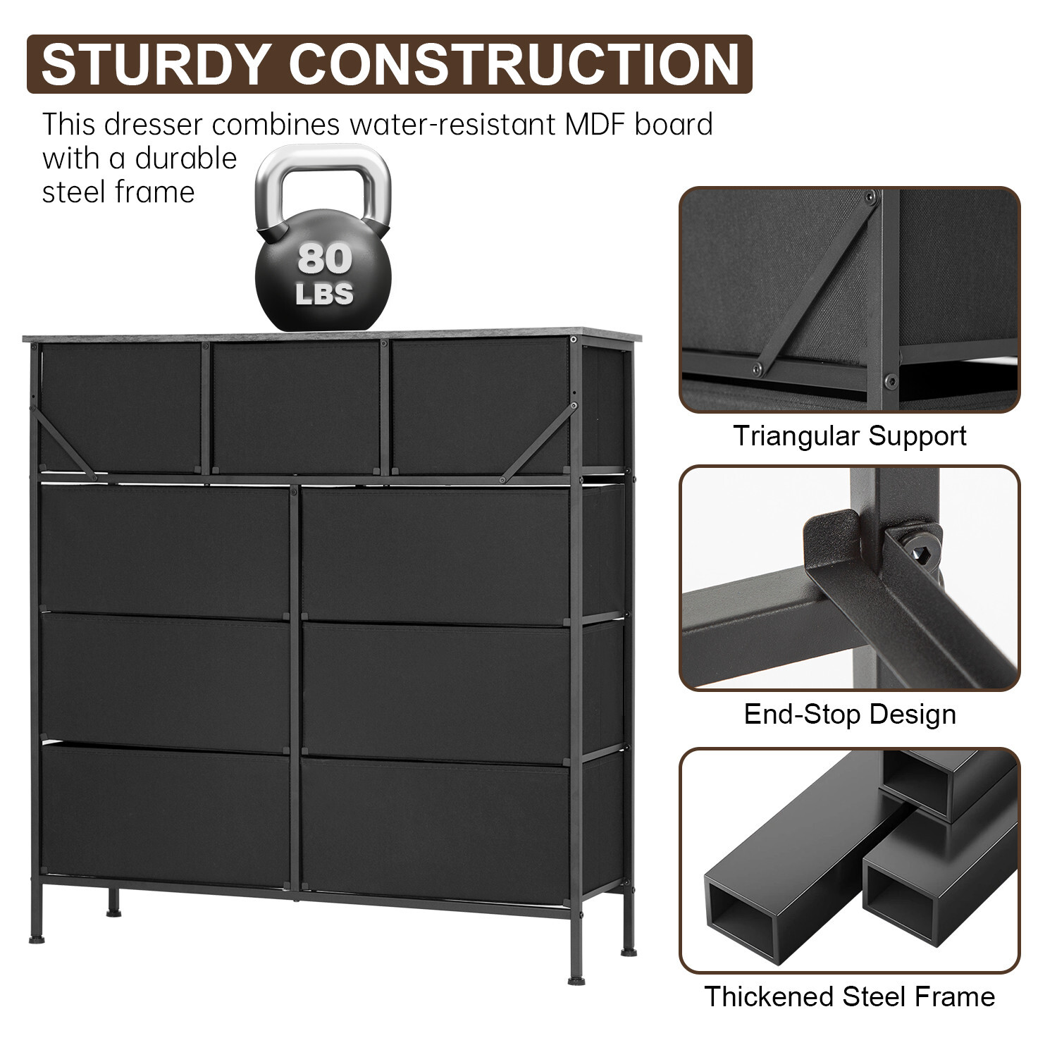 9-Drawer Fabric Dresser,Sturdy Storage Tower Dresser for Bedroom w/ Metal Frame