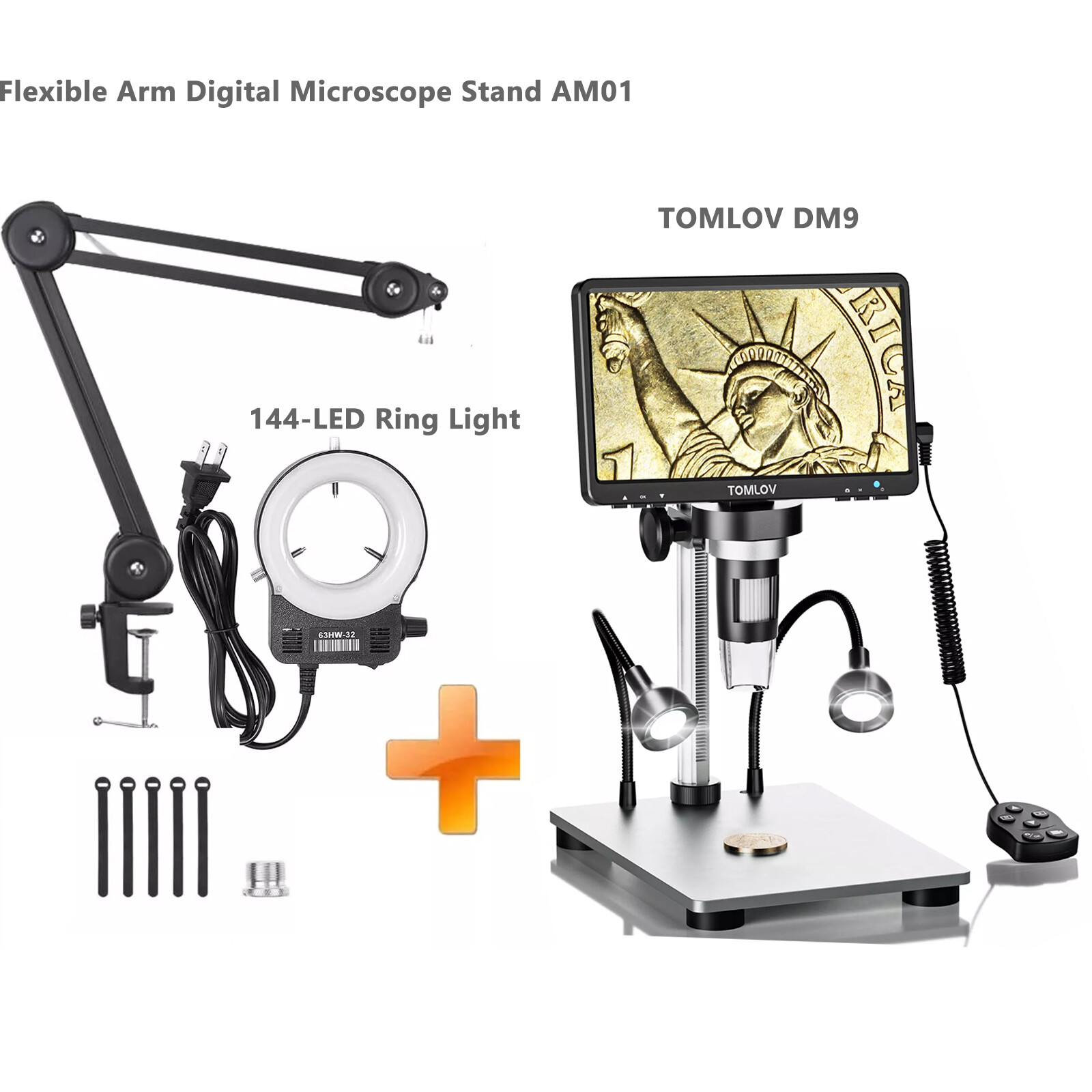 TOMLOV DM9 Digital Microscope 7" LCD 1200X Coin Microscope & Flexible Arm Stand
