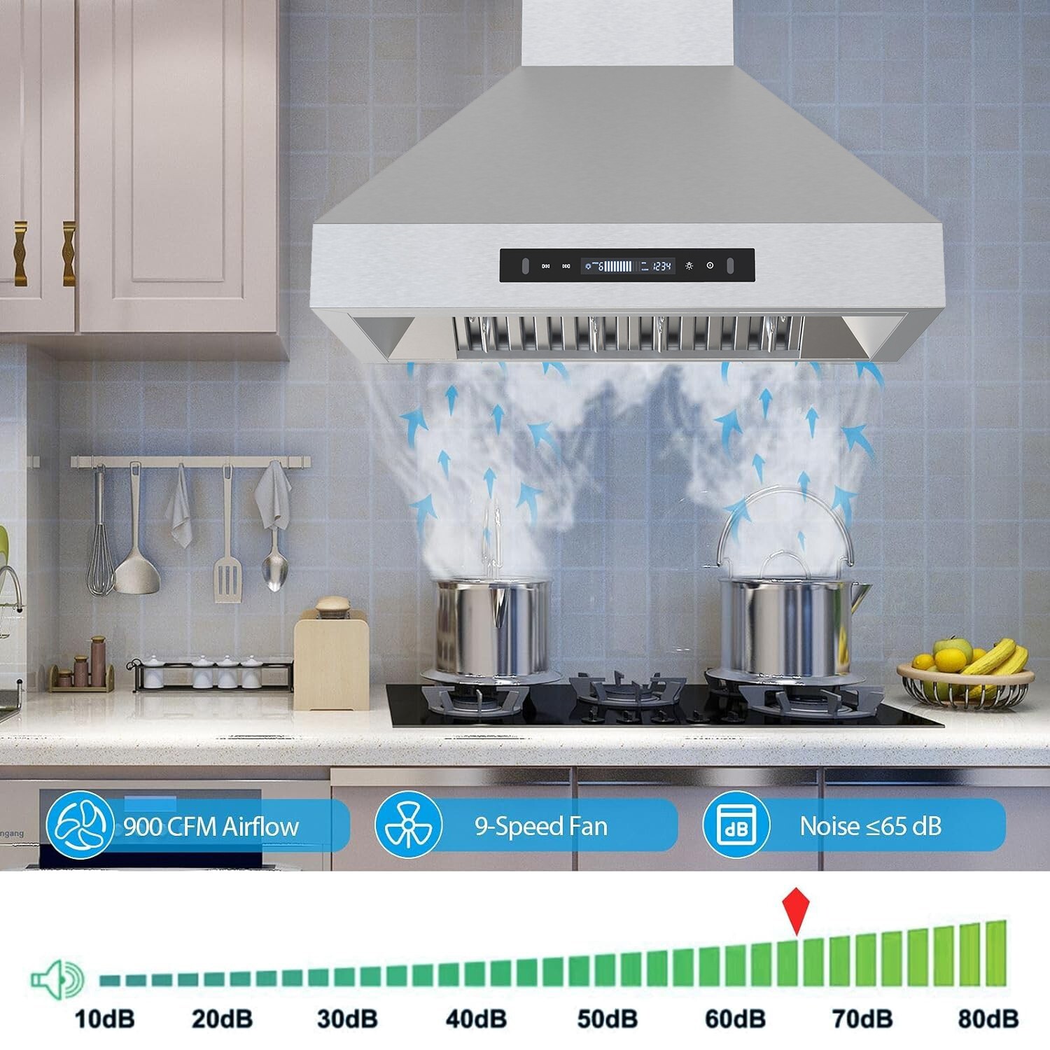 30inch Wall Mount Kitchen Range Hood Stainless Steel 900CFM 9Speed Touch Control