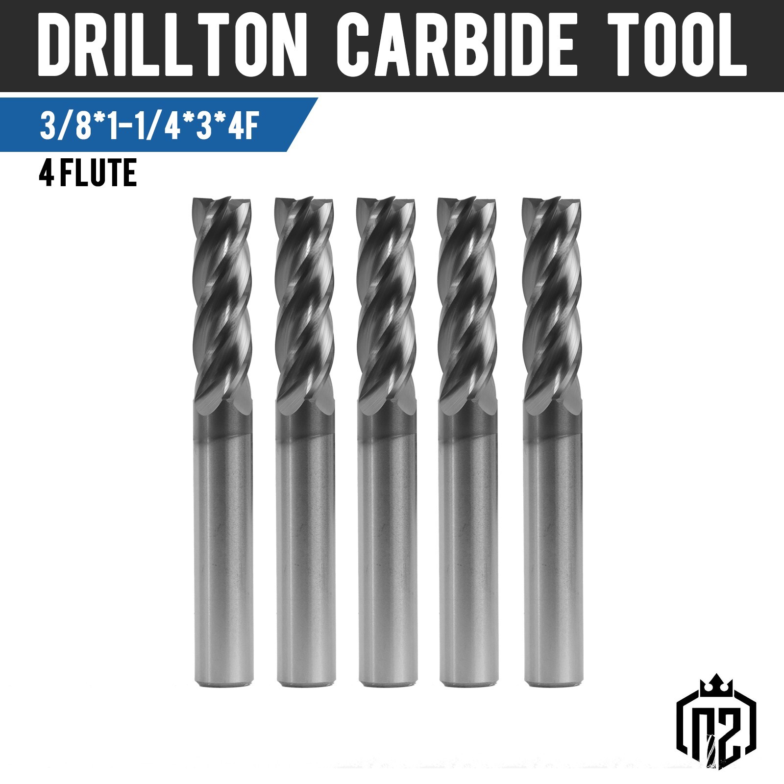 5PCS 4 Flute 3/8" x 1-1/4" x 3" Long Solid Carbide End Mill - AlTiN Coated