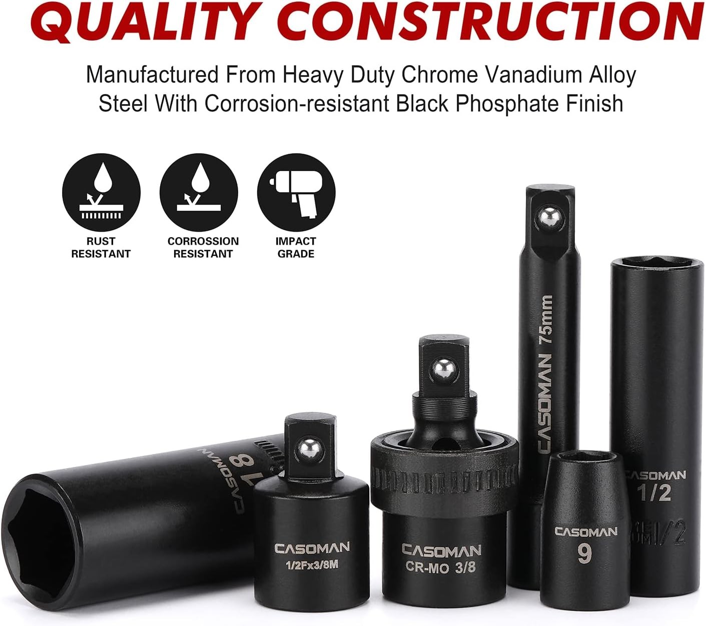 CASOMAN 3/8" Drive Impact Socket Set, 49 PCS (5/16-Inch to 3/4-Inch and 8-22 mm)