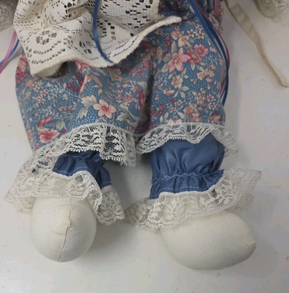 Vintage Handmade 19” Easter Bunny Rabbit Doll Flowers Floral Lace Dress & Apron