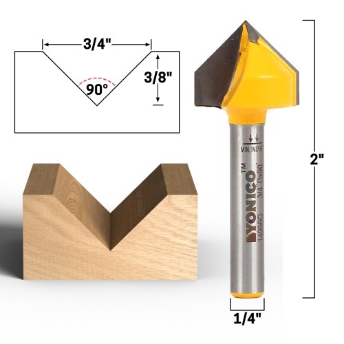 90 Degree X 3/4" Diameter V Groove Router Bit - 1/4" Shank - Yonico 14996q