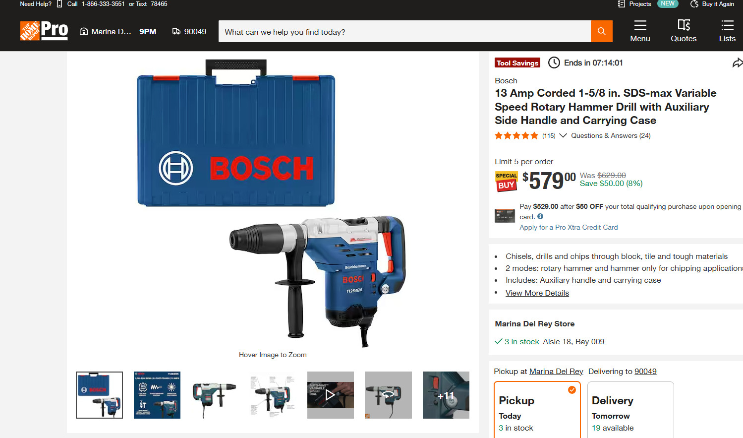 Bosch 11264EVS 13 Amp Corded 1-5/8 in SDS-Max Variable Speed Rotary Hammer Drill